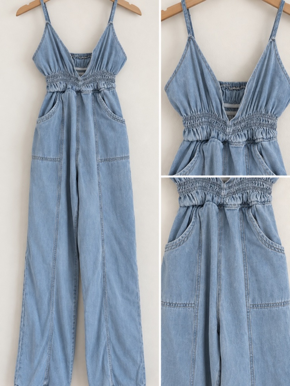 Light Wash Denim Jumpsuit Women’s Wide Leg Smocked Waist Spaghetti Strap - Picture 2 of 2